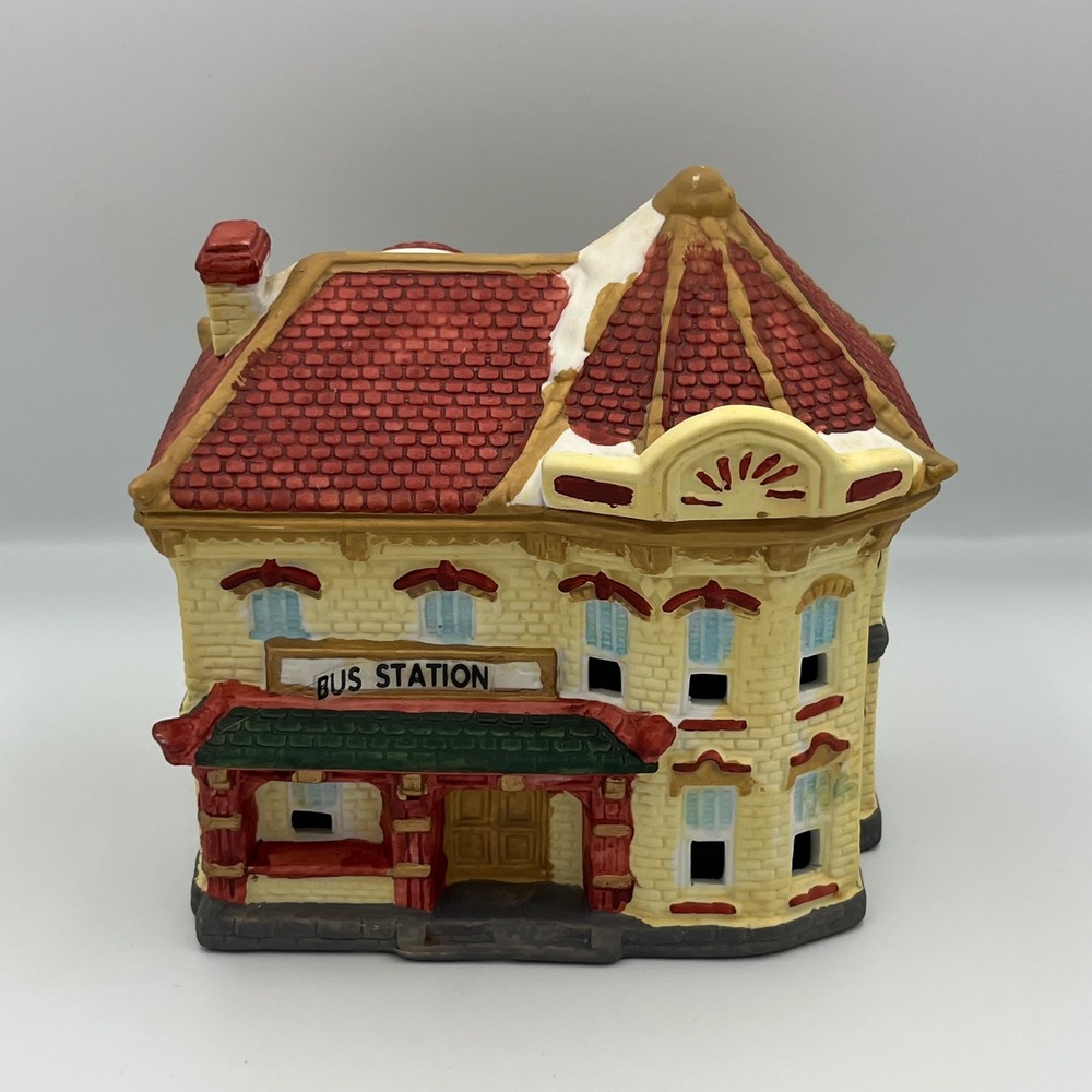 Vintage 1996 Ceramic Bus Station Building Christmas Village Collectible